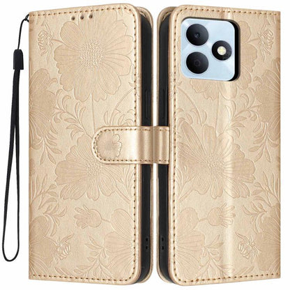 Sunflower Embossed Vegan Leather Phone Case with Small Black Rope, For Realme Note 80 4G, For Realme C83 5G, For Realme 16 5G, For Realme C61 / C63