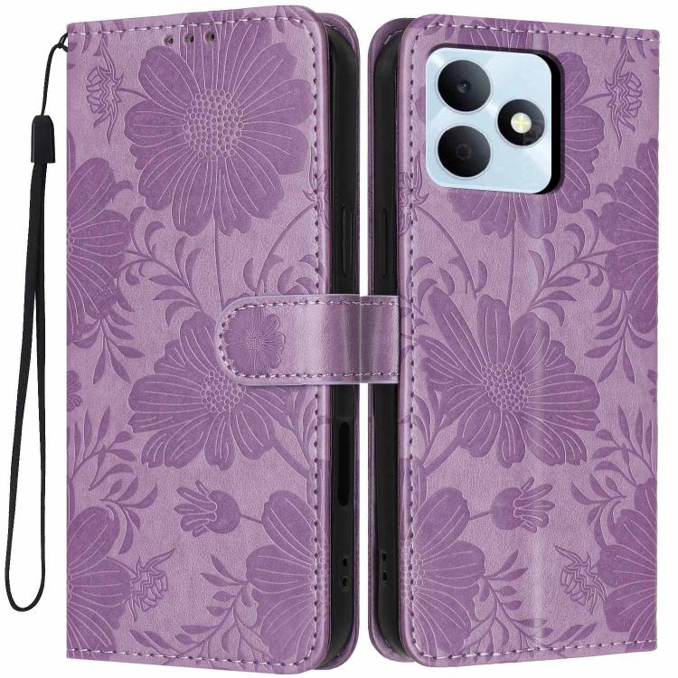Sunflower Embossed Vegan Leather Phone Case with Small Black Rope, For Realme Note 80 4G, For Realme C83 5G, For Realme 16 5G, For Realme C61 / C63