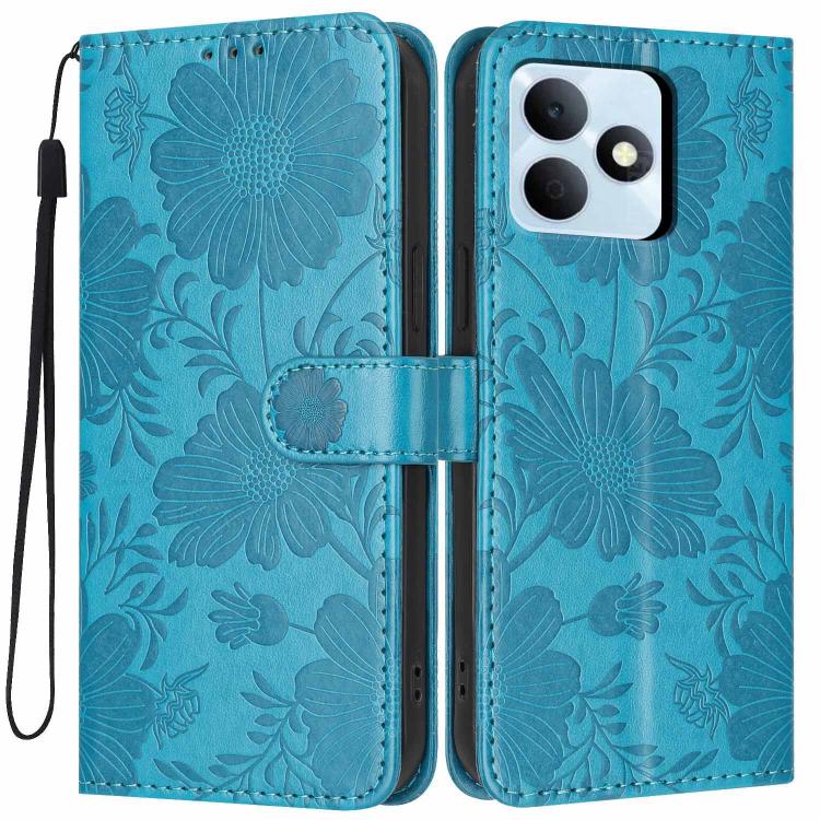 Sunflower Embossed Vegan Leather Phone Case with Small Black Rope, For Realme Note 80 4G, For Realme C83 5G, For Realme 16 5G, For Realme C61 / C63
