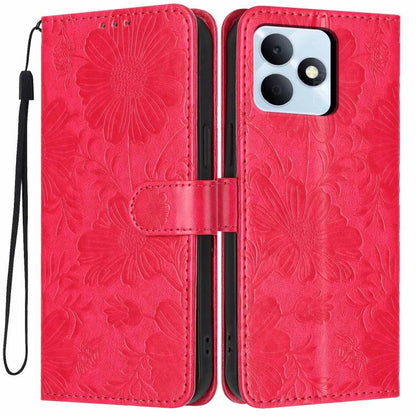 Sunflower Embossed Vegan Leather Phone Case with Small Black Rope, For Realme Note 80 4G, For Realme C83 5G, For Realme 16 5G, For Realme C61 / C63