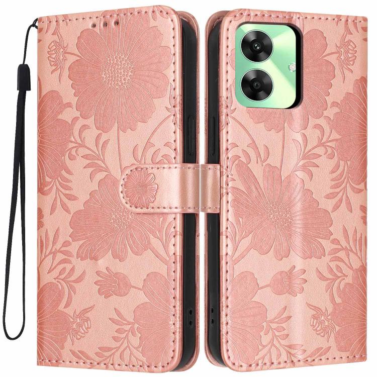 Sunflower Embossed Vegan Leather Phone Case with Small Black Rope, For Realme Note 80 4G, For Realme C83 5G, For Realme 16 5G, For Realme C61 / C63