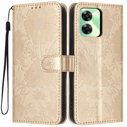 Sunflower Embossed Vegan Leather Phone Case with Small Black Rope, For Realme Note 80 4G, For Realme C83 5G, For Realme 16 5G, For Realme C61 / C63