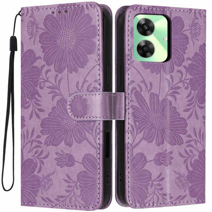 Sunflower Embossed Vegan Leather Phone Case with Small Black Rope, For Realme Note 80 4G, For Realme C83 5G, For Realme 16 5G, For Realme C61 / C63