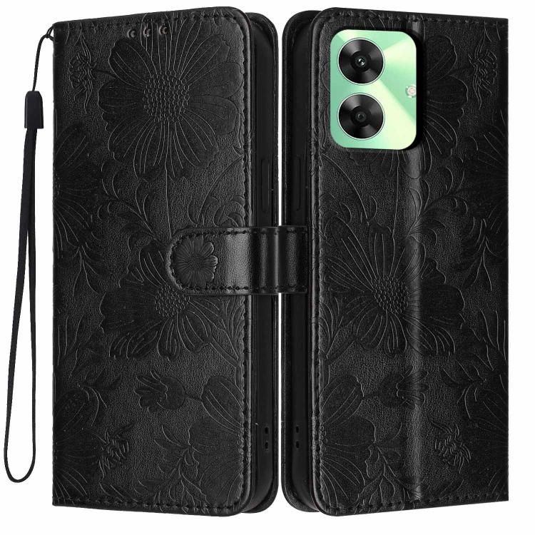 Sunflower Embossed Vegan Leather Phone Case with Small Black Rope, For Realme Note 80 4G, For Realme C83 5G, For Realme 16 5G, For Realme C61 / C63