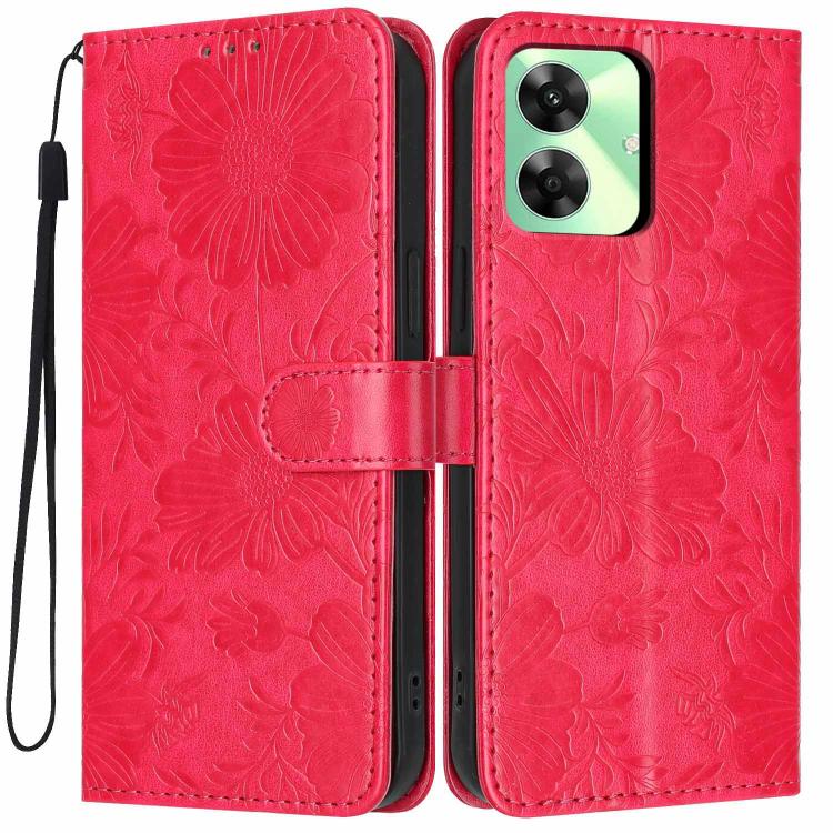 Sunflower Embossed Vegan Leather Phone Case with Small Black Rope, For Realme Note 80 4G, For Realme C83 5G, For Realme 16 5G, For Realme C61 / C63