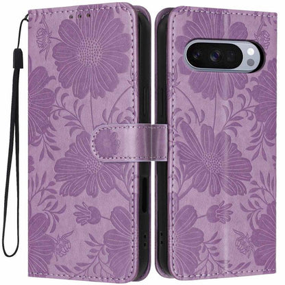 Sunflower Embossed Vegan Leather Phone Case with Small Black Rope, For Google Pixel 10a, For Google Pixel 10 Pro XL, For Google Pixel 10 / 10 Pro, For Google Pixel 9 Pro XL, For Google Pixel 9 / 9 Pro, For Google Pixel 8a, For Google Pixel 8 Pro       ...