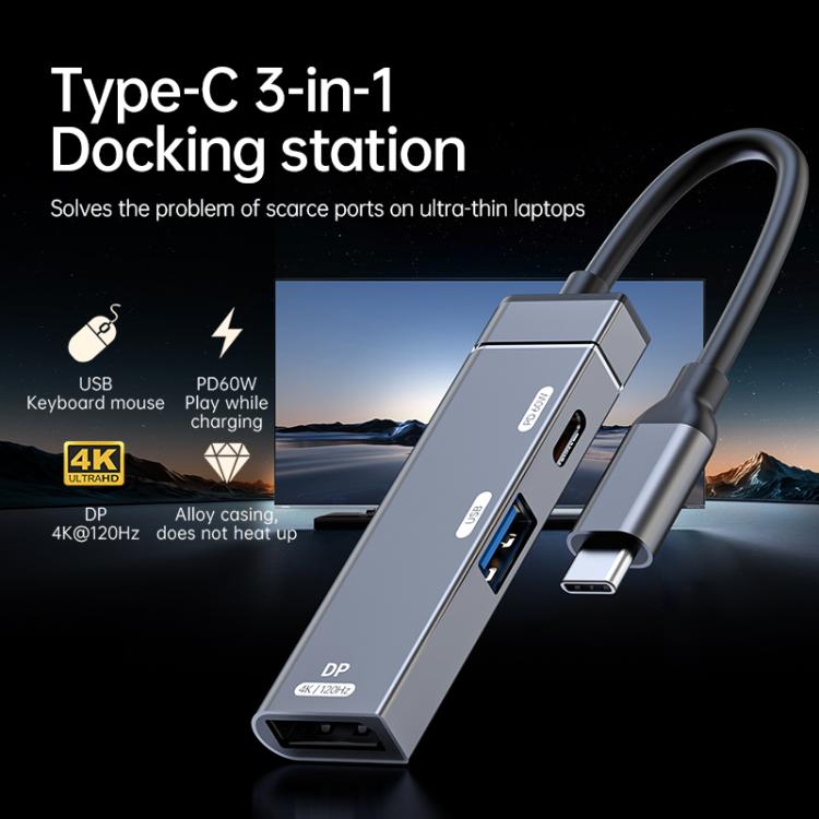 60W Type-C to Type-C, USB-A, 4K DisplayPort HUB Docking Station, Type-C to Type-C+USB+DP