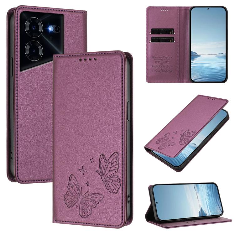 Strong Magnetic Dual Butterfly RFID Vegan Leather Phone Case, For Tecno Pova 6 / Pova 6 Pro, For Tecno Camon 30 Pro, For Tecno Camon 30 4G / Camon 30 5G, For Tecno Spark 20 Pro+, For Tecno Spark 20 / Spark 20C / Spark Go 2024, For Tecno Pova 5 Pro     ...