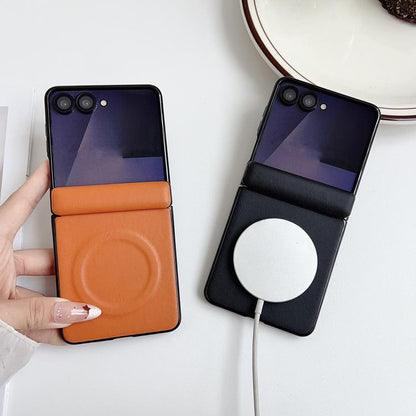 Integrated Magnetic Axis Solid Color Leather Texture Phone Case with Magnetic Ring, For Samsung Galaxy Z Flip7