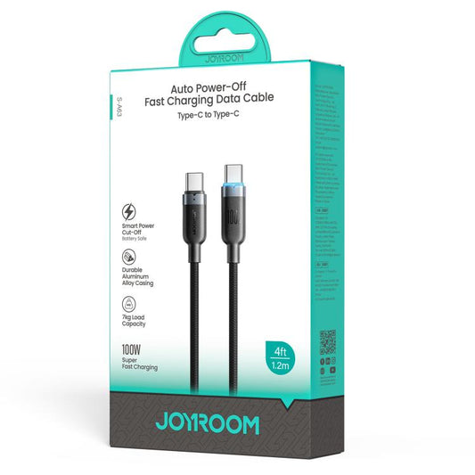 كابل بيانات وشحن سريع من النوع C إلى النوع C من سلسلة JOYROOM S-A63 StarWay بطول 1.2 متر وقوة 100 واط، مزود بخاصية إيقاف التشغيل التلقائي.