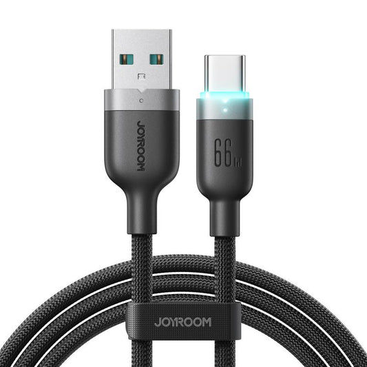 كابل بيانات JOYROOM S-A63 StarWay Series بطول 1.2 متر وقوة 66 واط، من نوع USB-A إلى Type-C، مزود بخاصية إيقاف التشغيل التلقائي والشحن السريع.