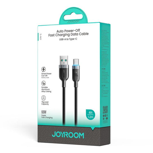 كابل بيانات JOYROOM S-A63 StarWay Series بطول 1.2 متر وقوة 66 واط، من نوع USB-A إلى Type-C، مزود بخاصية إيقاف التشغيل التلقائي والشحن السريع.