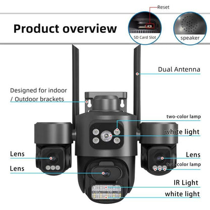 ICSee Triple-Lens 3MP Wireless WiFi Security Camera, Three-Screen Panoramic PTZ IP Camera with Full-Color Night Vision, US Plug, EU Plug