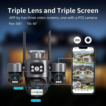 ICSee Triple-Lens 3MP Wireless WiFi Security Camera, Three-Screen Panoramic PTZ IP Camera with Full-Color Night Vision, US Plug, EU Plug