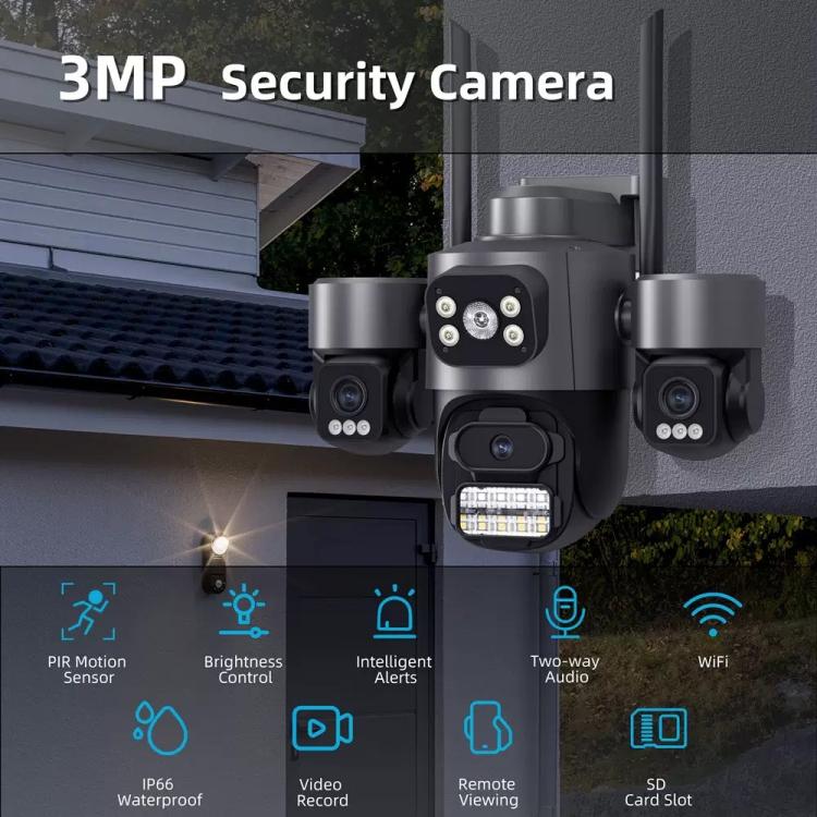 ICSee Triple-Lens 3MP Wireless WiFi Security Camera, Three-Screen Panoramic PTZ IP Camera with Full-Color Night Vision, US Plug, EU Plug