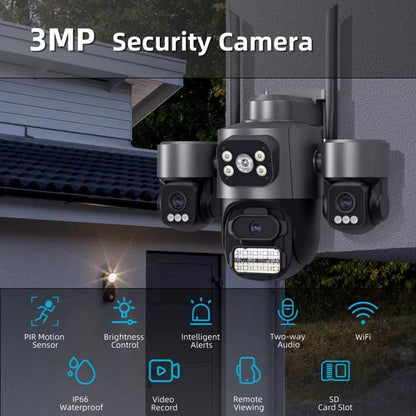 ICSee Triple-Lens 3MP Wireless WiFi Security Camera, Three-Screen Panoramic PTZ IP Camera with Full-Color Night Vision, US Plug, EU Plug
