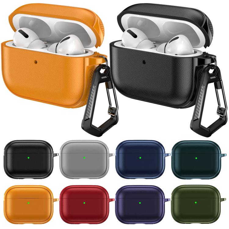 Split Design Vegan Leather Texture Earphone Protective Case With Metal Hook, For AirPods Pro 3, For AirPods Pro 2 / AirPods Pro