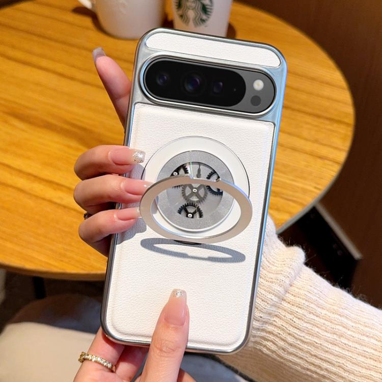 Electroplated Side-mounted Vegan Leather Magnetic Phone Case with 360 Degrees Gear Rotating Holder, For Google Pixel 10 Pro XL, For Google Pixel 10 / 10 Pro, For Google Pixel 9a, For Google Pixel 9 Pro XL, For Google Pixel 9 / 9 Pro