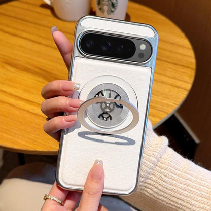 Electroplated Side-mounted Vegan Leather Magnetic Phone Case with 360 Degrees Gear Rotating Holder, For Google Pixel 10 Pro XL, For Google Pixel 10 / 10 Pro, For Google Pixel 9a, For Google Pixel 9 Pro XL, For Google Pixel 9 / 9 Pro
