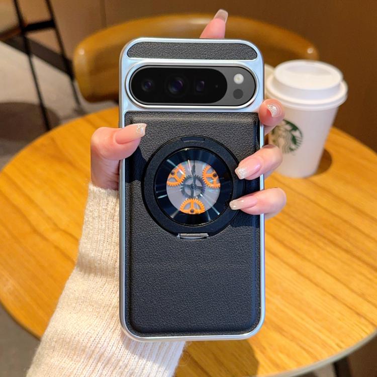 Electroplated Side-mounted Vegan Leather Magnetic Phone Case with 360 Degrees Gear Rotating Holder, For Google Pixel 10 Pro XL, For Google Pixel 10 / 10 Pro, For Google Pixel 9a, For Google Pixel 9 Pro XL, For Google Pixel 9 / 9 Pro
