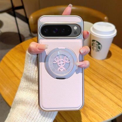 Electroplated Side-mounted Vegan Leather Magnetic Phone Case with 360 Degrees Gear Rotating Holder, For Google Pixel 10 Pro XL, For Google Pixel 10 / 10 Pro, For Google Pixel 9a, For Google Pixel 9 Pro XL, For Google Pixel 9 / 9 Pro