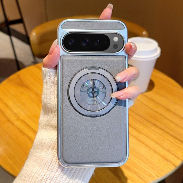 Electroplated Side-mounted Vegan Leather Magnetic Phone Case with 360 Degrees Gear Rotating Holder, For Google Pixel 10 Pro XL, For Google Pixel 10 / 10 Pro, For Google Pixel 9a, For Google Pixel 9 Pro XL, For Google Pixel 9 / 9 Pro