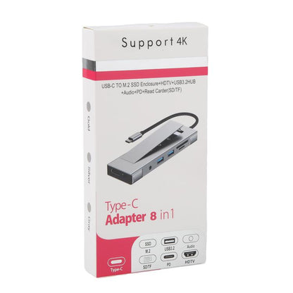8 in 1 HUB USB-C to M.2 SSD Enclosure + HDTV + 2 x USB 3.2+ Audio + PD + SD/TF Card Reader, 8 in 1 with USB 3.2 + USB 3.2