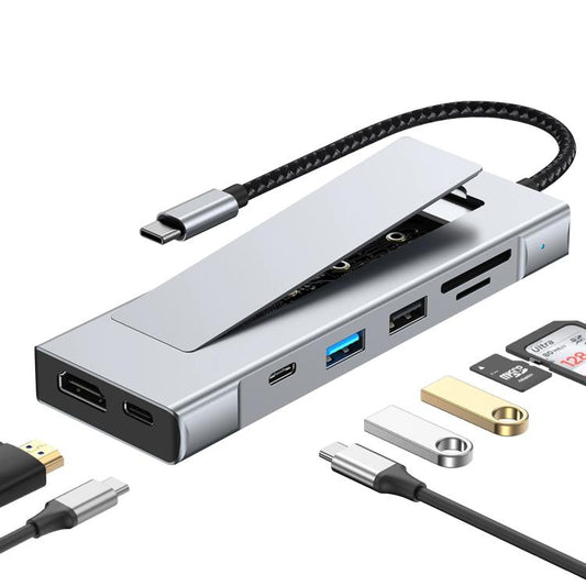موزع 8 في 1 USB-C إلى علبة أقراص SSD M.2 + تلفزيون عالي الوضوح + USB 3.2 + USB 2.0 + PD + قارئ بطاقات SD/TF، ​​8 في 1 مع USB 3.2 + USB 2.0