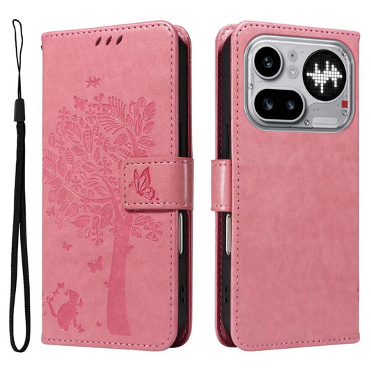 Tree & Cat Embossed Pattern Flip Leather Phone Case, For Nothing Phone 4a Pro, For Nothing Phone 4a