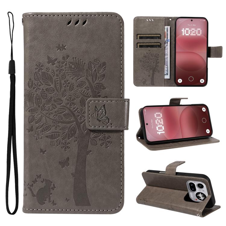 Tree & Cat Embossed Pattern Flip Leather Phone Case, For Nothing Phone 4a Pro, For Nothing Phone 4a