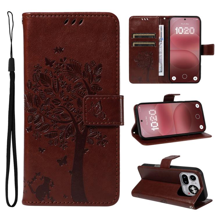 Tree & Cat Embossed Pattern Flip Leather Phone Case, For Nothing Phone 4a Pro, For Nothing Phone 4a
