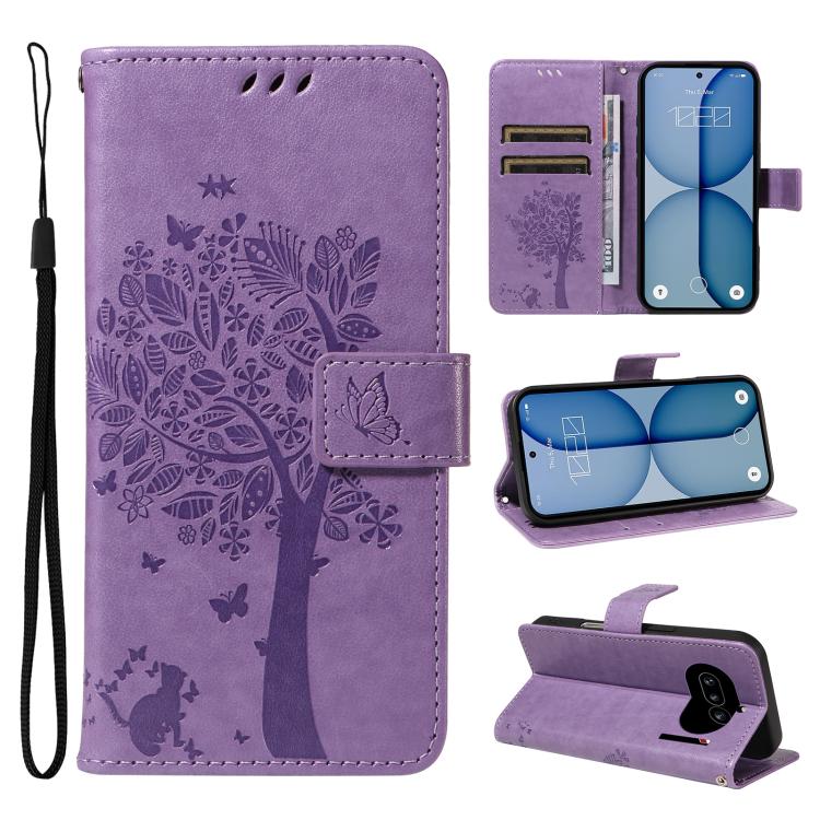 Tree & Cat Embossed Pattern Flip Leather Phone Case, For Nothing Phone 4a Pro, For Nothing Phone 4a