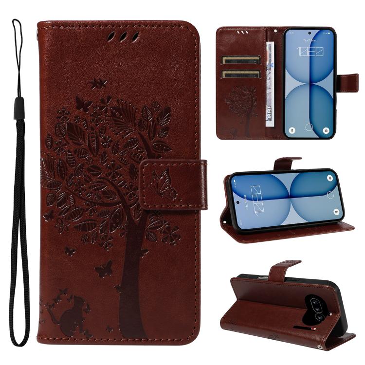 Tree & Cat Embossed Pattern Flip Leather Phone Case, For Nothing Phone 4a Pro, For Nothing Phone 4a