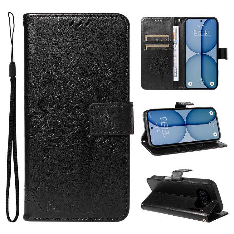 Tree & Cat Embossed Pattern Flip Leather Phone Case, For Nothing Phone 4a Pro, For Nothing Phone 4a