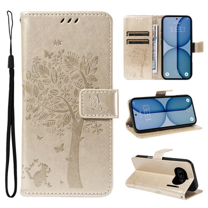 Tree & Cat Embossed Pattern Flip Leather Phone Case, For Nothing Phone 4a Pro, For Nothing Phone 4a