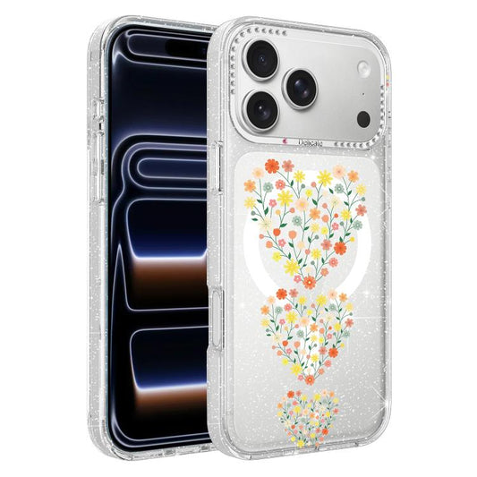 Flower Pattern IMD Glitter Magnetic Phone Case, For iPhone 18 Pro, For iPhone 18 Pro Max, For iPhone 17 Pro Max, For iPhone 17 Pro, For iPhone 17, For iPhone 16 Pro Max, For iPhone 16 Pro, For iPhone 16, For iPhone 15 Pro Max, For iPhone 15 Pro