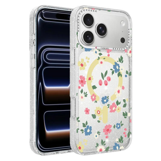 Flower Pattern IMD Glitter Magnetic Phone Case, For iPhone 18 Pro, For iPhone 18 Pro Max, For iPhone 17 Pro Max, For iPhone 17 Pro, For iPhone 17, For iPhone 16 Pro Max, For iPhone 16 Pro, For iPhone 16, For iPhone 15 Pro Max, For iPhone 15 Pro        ...