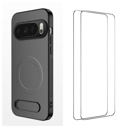 WANLONFENG Kickstand Carbon Fiber Texture Magnetic Phone Case with 2pcs Screen Films, For Google Pixel 10a, For Google Pixel 10 Pro XL, For Google Pixel 10 Pro, For Google Pixel 10, For Google Pixel 9a, For Google Pixel 9 Pro XL, For Google Pixel 9 Pro...