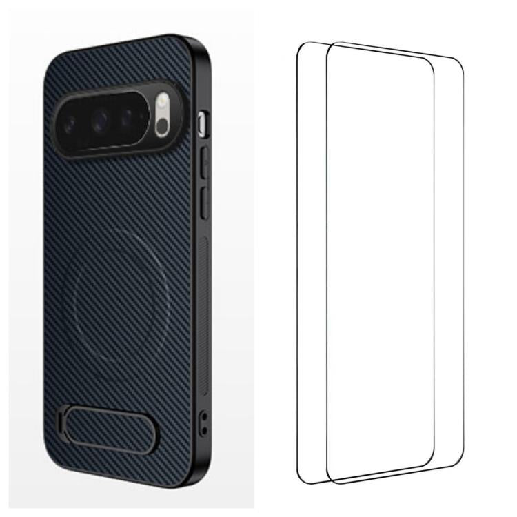 WANLONFENG Kickstand Carbon Fiber Texture Magnetic Phone Case with 2pcs Screen Films, For Google Pixel 10a, For Google Pixel 10 Pro XL, For Google Pixel 10 Pro, For Google Pixel 10, For Google Pixel 9a, For Google Pixel 9 Pro XL, For Google Pixel 9 Pro...