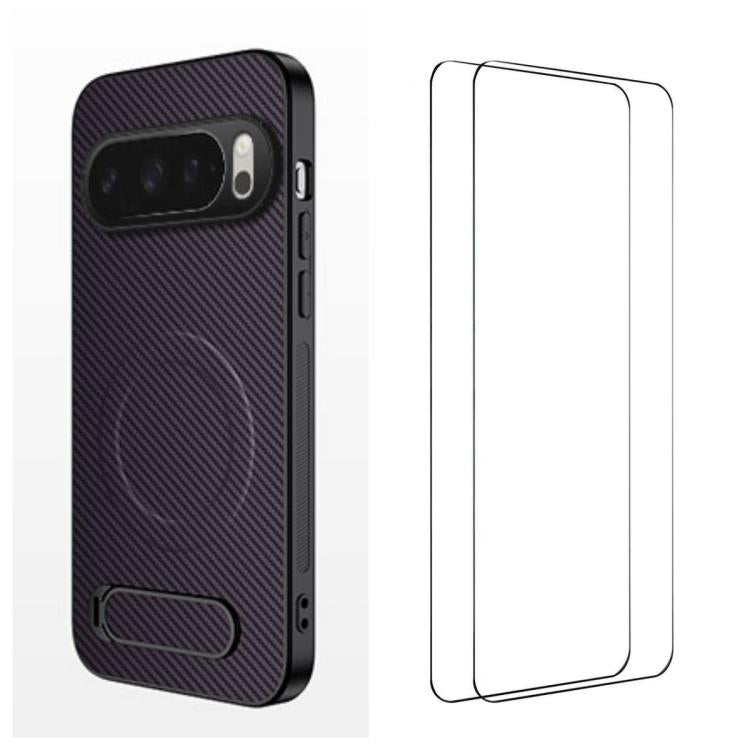 WANLONFENG Kickstand Carbon Fiber Texture Magnetic Phone Case with 2pcs Screen Films, For Google Pixel 10a, For Google Pixel 10 Pro XL, For Google Pixel 10 Pro, For Google Pixel 10, For Google Pixel 9a, For Google Pixel 9 Pro XL, For Google Pixel 9 Pro...