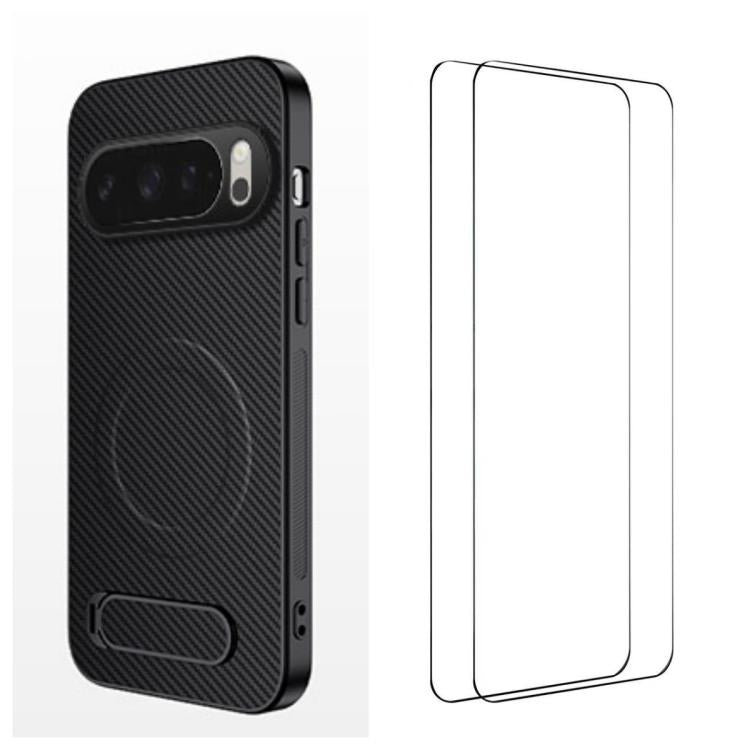 WANLONFENG Kickstand Carbon Fiber Texture Magnetic Phone Case with 2pcs Screen Films, For Google Pixel 10a, For Google Pixel 10 Pro XL, For Google Pixel 10 Pro, For Google Pixel 10, For Google Pixel 9a, For Google Pixel 9 Pro XL, For Google Pixel 9 Pro...