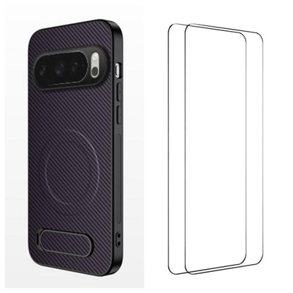 WANLONFENG Kickstand Carbon Fiber Texture Magnetic Phone Case with 2pcs Screen Films, For Google Pixel 10a, For Google Pixel 10 Pro XL, For Google Pixel 10 Pro, For Google Pixel 10, For Google Pixel 9a, For Google Pixel 9 Pro XL, For Google Pixel 9 Pro...