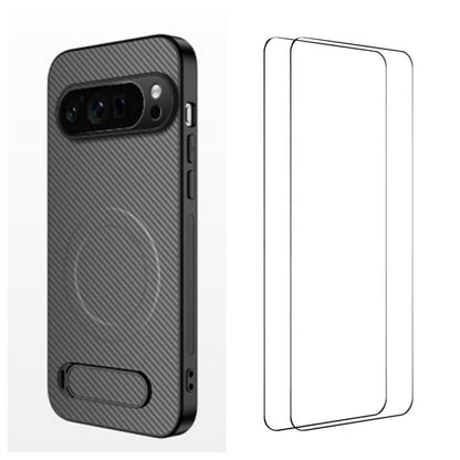 WANLONFENG Kickstand Carbon Fiber Texture Magnetic Phone Case with 2pcs Screen Films, For Google Pixel 10a, For Google Pixel 10 Pro XL, For Google Pixel 10 Pro, For Google Pixel 10, For Google Pixel 9a, For Google Pixel 9 Pro XL, For Google Pixel 9 Pro...