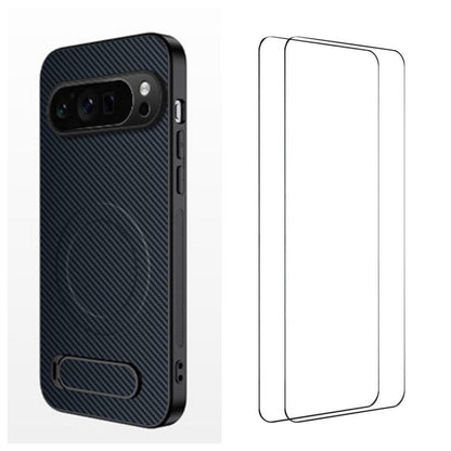 WANLONFENG Kickstand Carbon Fiber Texture Magnetic Phone Case with 2pcs Screen Films, For Google Pixel 10a, For Google Pixel 10 Pro XL, For Google Pixel 10 Pro, For Google Pixel 10, For Google Pixel 9a, For Google Pixel 9 Pro XL, For Google Pixel 9 Pro...