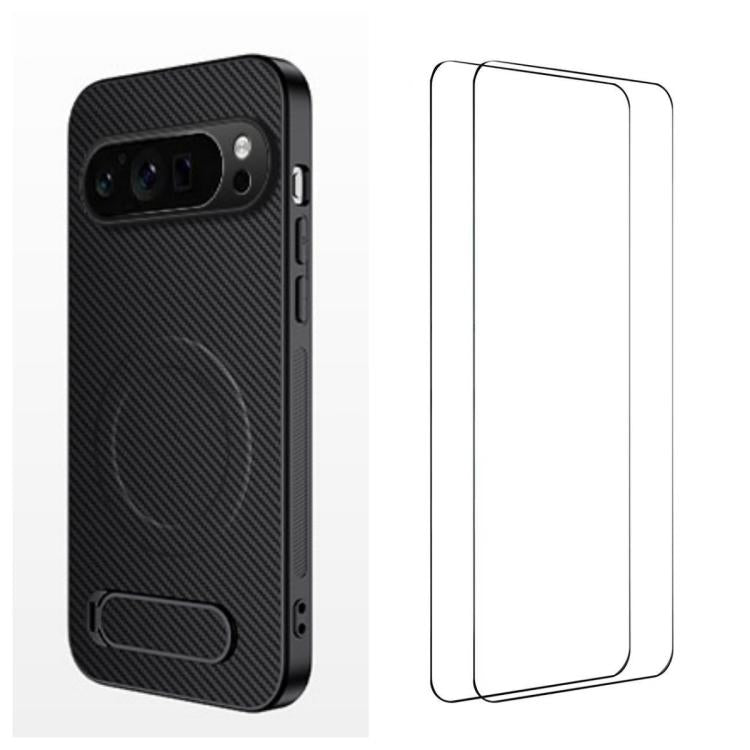 WANLONFENG Kickstand Carbon Fiber Texture Magnetic Phone Case with 2pcs Screen Films, For Google Pixel 10a, For Google Pixel 10 Pro XL, For Google Pixel 10 Pro, For Google Pixel 10, For Google Pixel 9a, For Google Pixel 9 Pro XL, For Google Pixel 9 Pro...