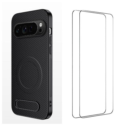WANLONFENG Kickstand Carbon Fiber Texture Magnetic Phone Case with 2pcs Screen Films, For Google Pixel 10a, For Google Pixel 10 Pro XL, For Google Pixel 10 Pro, For Google Pixel 10, For Google Pixel 9a, For Google Pixel 9 Pro XL, For Google Pixel 9 Pro...