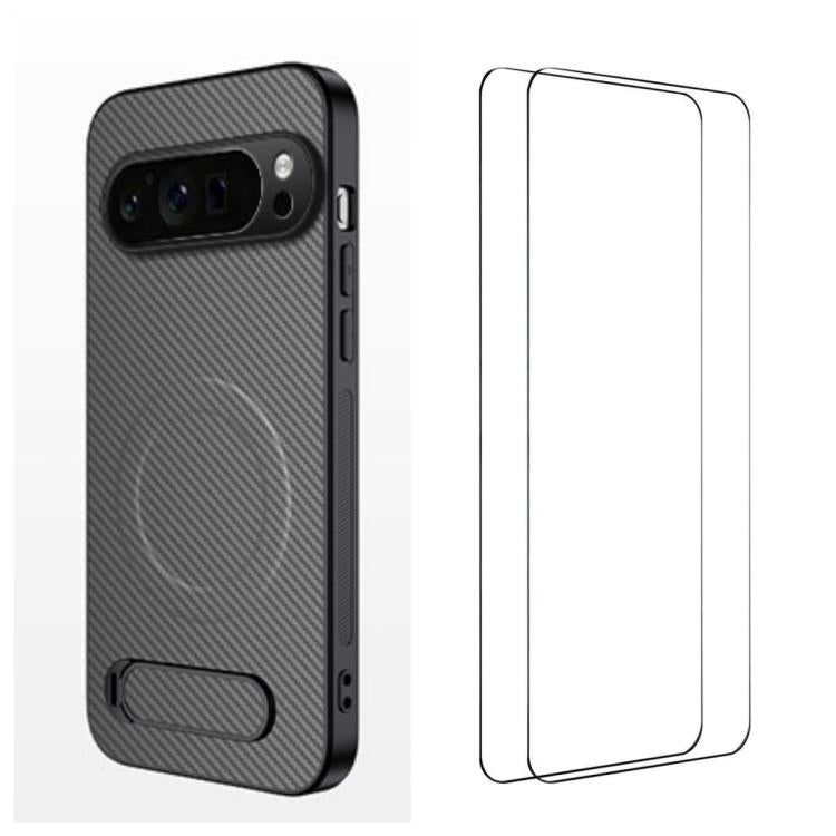 WANLONFENG Kickstand Carbon Fiber Texture Magnetic Phone Case with 2pcs Screen Films, For Google Pixel 10a, For Google Pixel 10 Pro XL, For Google Pixel 10 Pro, For Google Pixel 10, For Google Pixel 9a, For Google Pixel 9 Pro XL, For Google Pixel 9 Pro...