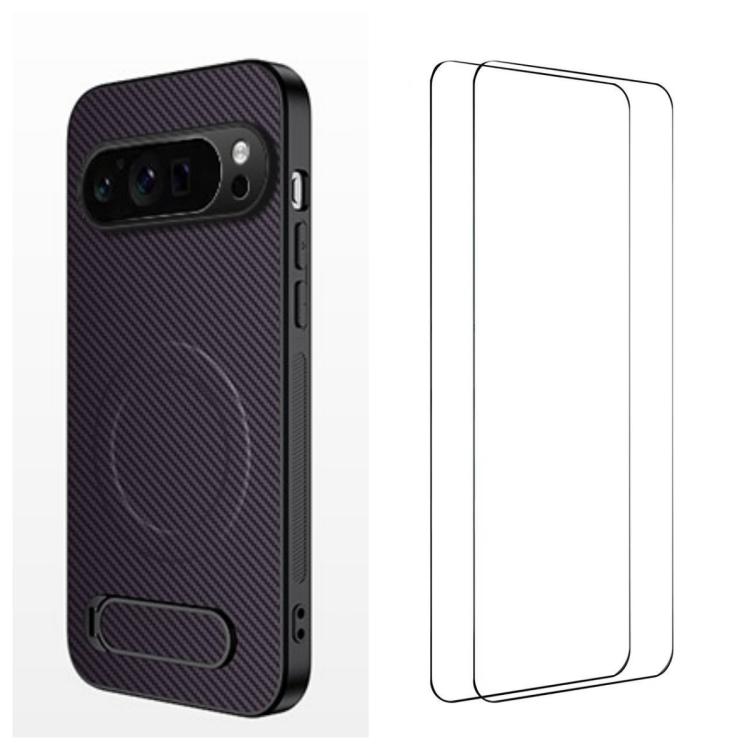 WANLONFENG Kickstand Carbon Fiber Texture Magnetic Phone Case with 2pcs Screen Films, For Google Pixel 10a, For Google Pixel 10 Pro XL, For Google Pixel 10 Pro, For Google Pixel 10, For Google Pixel 9a, For Google Pixel 9 Pro XL, For Google Pixel 9 Pro...