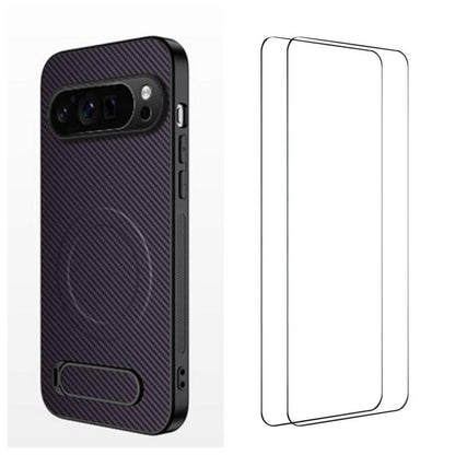 WANLONFENG Kickstand Carbon Fiber Texture Magnetic Phone Case with 2pcs Screen Films, For Google Pixel 10a, For Google Pixel 10 Pro XL, For Google Pixel 10 Pro, For Google Pixel 10, For Google Pixel 9a, For Google Pixel 9 Pro XL, For Google Pixel 9 Pro...