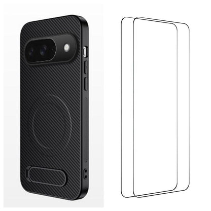 WANLONFENG Kickstand Carbon Fiber Texture Magnetic Phone Case with 2pcs Screen Films, For Google Pixel 10a, For Google Pixel 10 Pro XL, For Google Pixel 10 Pro, For Google Pixel 10, For Google Pixel 9a, For Google Pixel 9 Pro XL, For Google Pixel 9 Pro...
